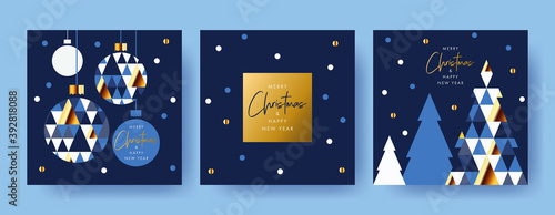 Merry Christmas and Happy New Year Set of greeting cards, posters, holiday covers. Modern Xmas design with triangle firs pattern in blue, gold, white colors. Christmas tree, ball, decoration elements