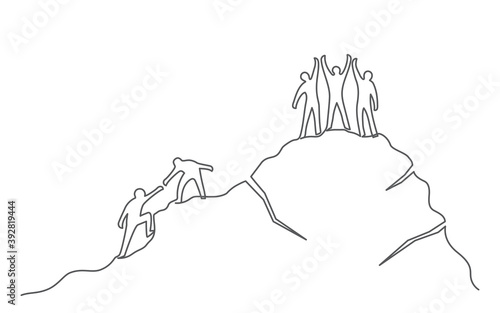 Group of people on the mountaintop One line drawing Business, teamwork, success, help and goal concept