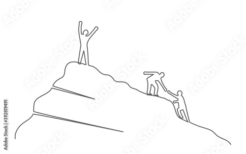Group of people on the mountaintop One line drawing Business, teamwork, success, help and goal concept