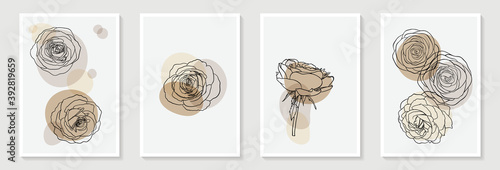 Set of creative minimalist hand draw illustrations floral outline pastel biege simple shape for wall decoration, postcard or brochure cover design