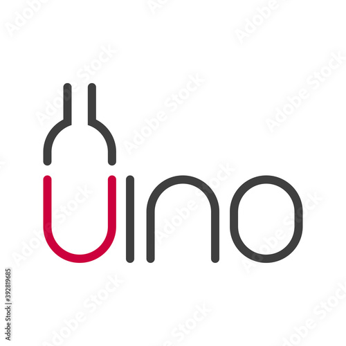 Logotipo lineal con tipografía Vino en español con botellas de vino en letra v en color gris y granate