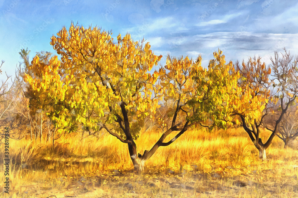 Trees in Ararat valley in Sardarapat colorful painting