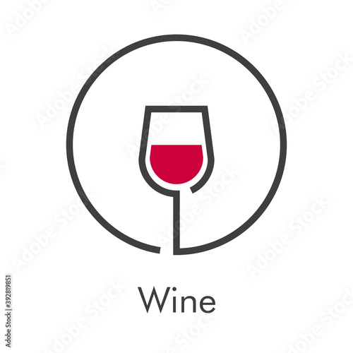 Logotipo lineal con texto Wine con copa de vino en círculo en gris y granate