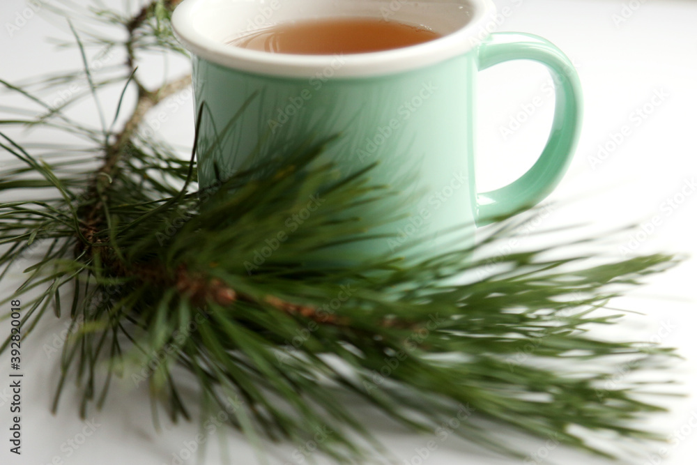 Greenery ceramic cup with herbal tea with fir branch closeup. Sweet home winter concept Greenery ceramic cup with herbal tea with fir branch closeup. Sweet home winter concept