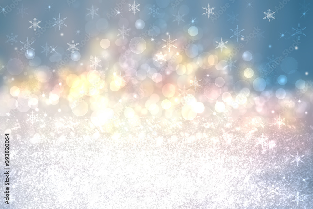 Christmas card template. Abstract festive light blue white winter christmas or New Year background with a blue sky and many blue white bokeh lighted snowflakes and stars. Christmas card template. Abstract festive light blue white winter christmas or New Year background with a blue sky and many blue white bokeh lighted snowflakes and stars.