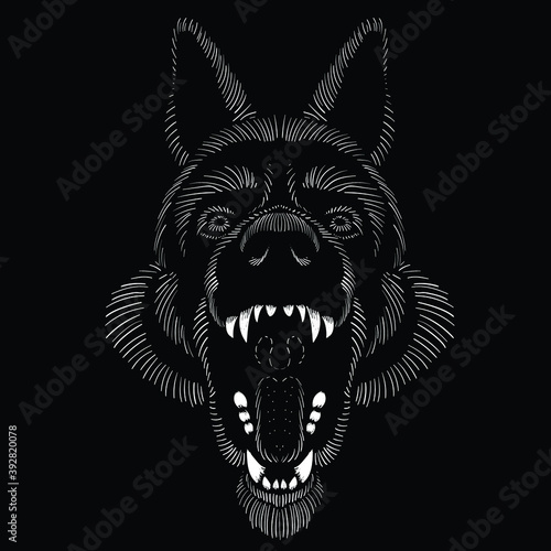 The Vector logo dog  or wolf for tattoo or T-shirt design or outwear.  Cute print style dog  or wolf  background. This hand drawing would be nice to make on the black fabric or canvas