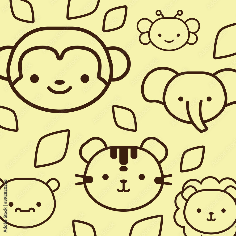 Fototapeta premium bundle of kawaii animals with leafs line style