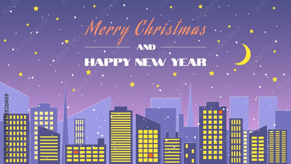 Naklejka premium Merry Christmas and Happy new year illustration. Night city and snowfall, fashionable cutout design. Vector illustration.