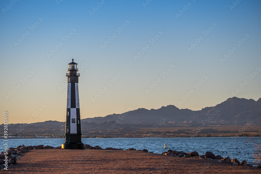 A black and white Lake Havasu Lighthouse in Arizona
