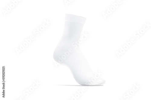 Fotografie Blank white long sock on tiptoe mockup stand, side view