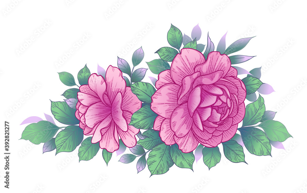 Hand Drawn Floral Bunch with Pink Roses and Different Leaves