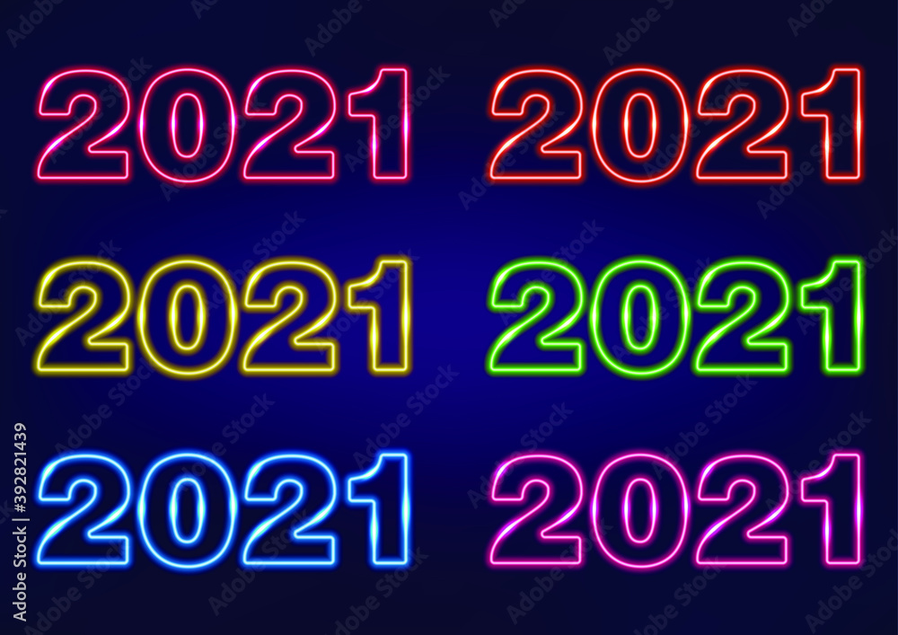 Neon frame. Set of neon numbers 2021. New year 2021. Neon sign. Laser glowing lines on a dark background.