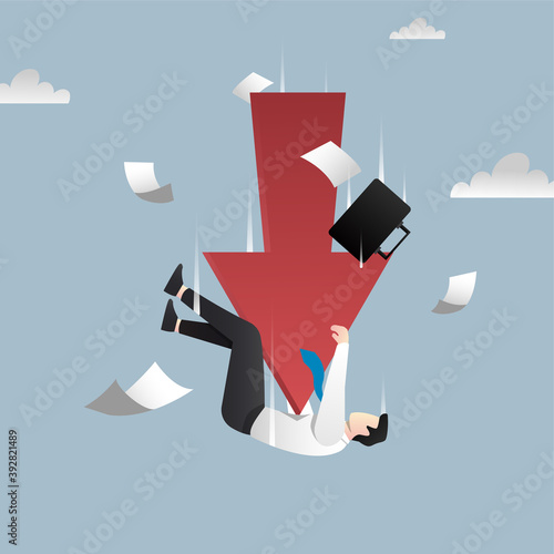 Bankruptcy concept downfall with red arrow symbol. Businessman falling down vector illustration