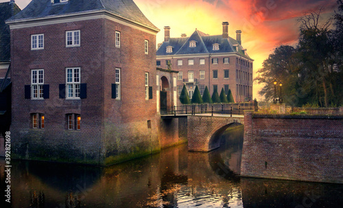 Amerongen castle in the Netherlands, dramatic surrealistic scenery