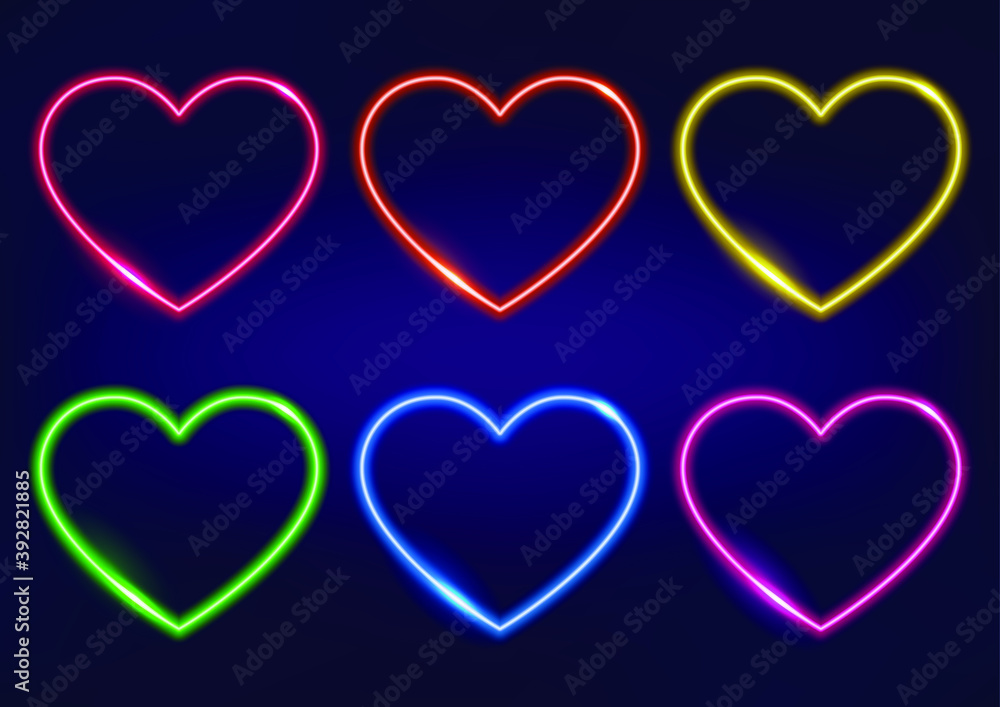 Neon frame. Set of neon hearts in different colors. Laser glowing lines on a black background. Love symbol.