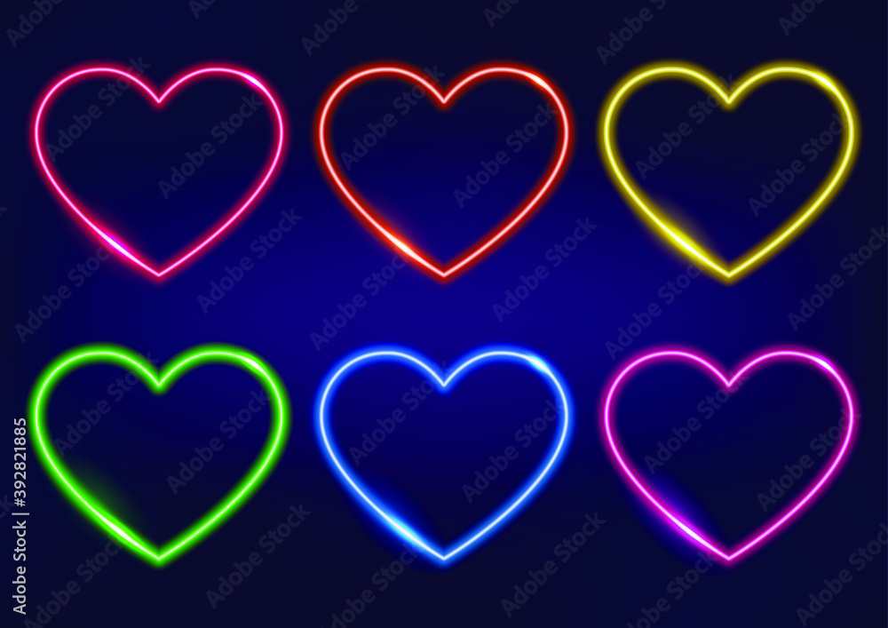 Neon frame. Set of neon hearts in different colors. Laser glowing lines on a black background. Love symbol. Neon frame. Set of neon hearts in different colors. Laser glowing lines on a black background. Love symbol.