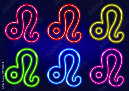 Leo zodiac sign, horoscope sign in neon style on dark background. Astrology sign, neon frame. Set of neon zodiac signs in different colors.