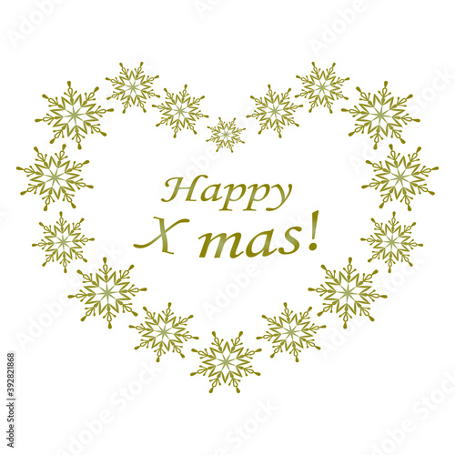 Happy X mas greeting card, heard shape of snowflakes with an inscription inside,  vector illustration.