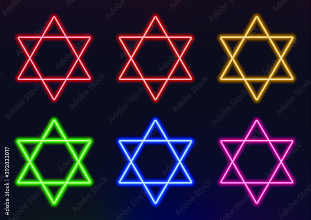 Neon frame. Set of neon stars of david in different colors. Laser glowing lines on a black background. Neon frame. Set of neon stars of david in different colors. Laser glowing lines on a black background.