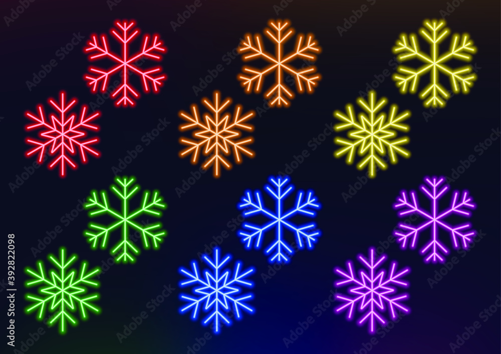 Set of neon snowflakes in different colors. Winter symbol. Shiny snow. Set of neon snowflakes in different colors. Winter symbol. Shiny snow.