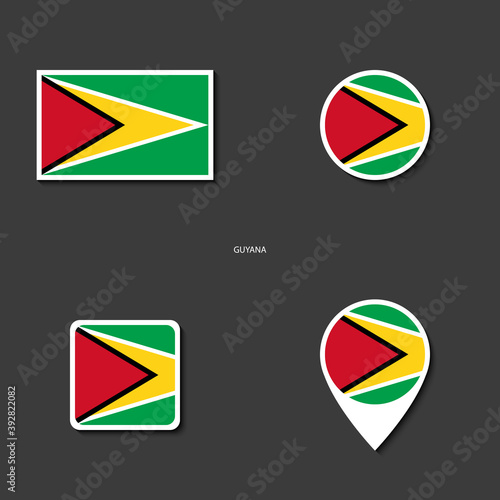 Guyana flag icon set ( rectangle, circle, square and marker icon) on dark grey background. Guyana flag icon collection on barely dark background.