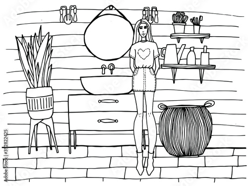 Coloring book with cute tall blondie girl in cozy bathroom. High quality illustration of bathroom furniture. Mirror, sink. mixer tap, bottles, shelves, wall lamps, house plants.