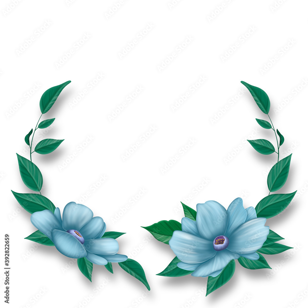Frame of blue summer flowers with green leaves on a white background. For invite, invitation, congratulations. Postcard illustration layout. Summer flowers for greeting cards. Place for text.