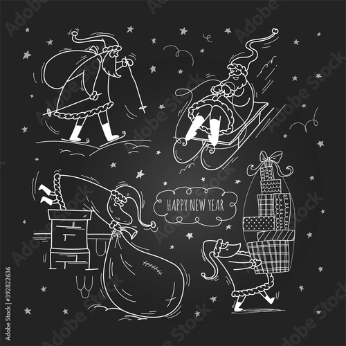 Doodle Santa set stories. Cheerful Santa Clauses are having fun. White outline on a black chalkboard. Vector stock illustration isolated with the inscription Happy New Year.