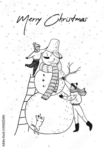 Hand drawn doodle snowman with people. Winter fun! Merry Christmas. A boy standing on the stairs puts a bucket on the head of a snowman, the father helps his son. Vector stock isolated illustration.