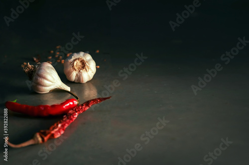 closeup Garlic Red chilly and combination food and spices with Dark Background