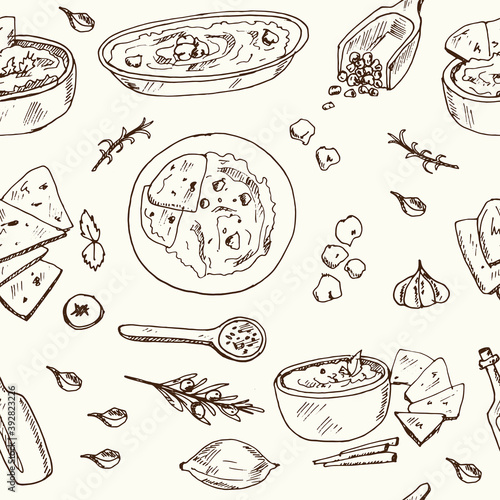 Hummus Vector seamless pattern with food and drink hand drawn doodles. Vector illustration