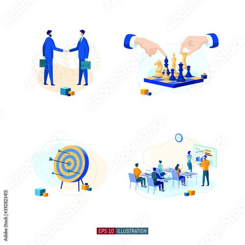 Trendy flat illustration set. Teamwork metaphor concept. Office workers planing business mechanism, analyze business strategy and exchange ideas. Template for your design works. Vector graphics.