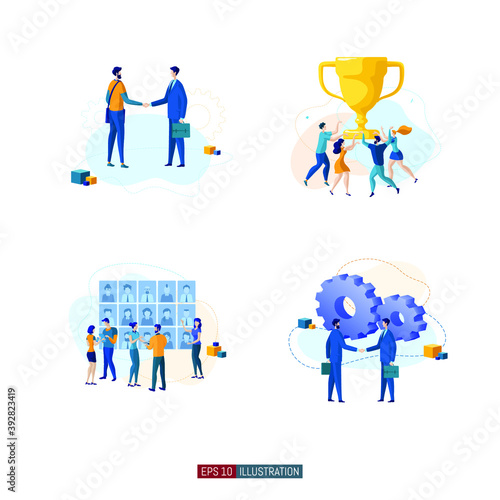 Trendy flat illustration set. Teamwork metaphor concept. Office workers planing business mechanism, analyze business strategy and exchange ideas. Template for your design works. Vector graphics.