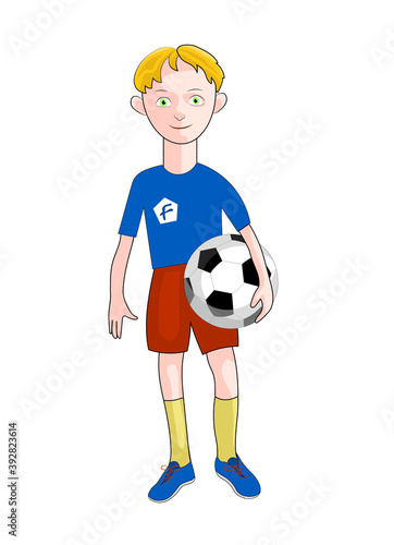 Boy with ball is standing. Vector color cartoon image.