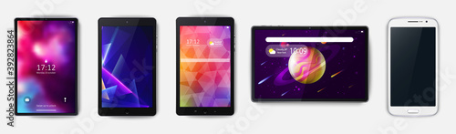 Tablets, smartphone, set of with colorful abstract screensaver top view isolated on white background. Realistic and detailed devices mockup. Stock vector illustration. eps10.