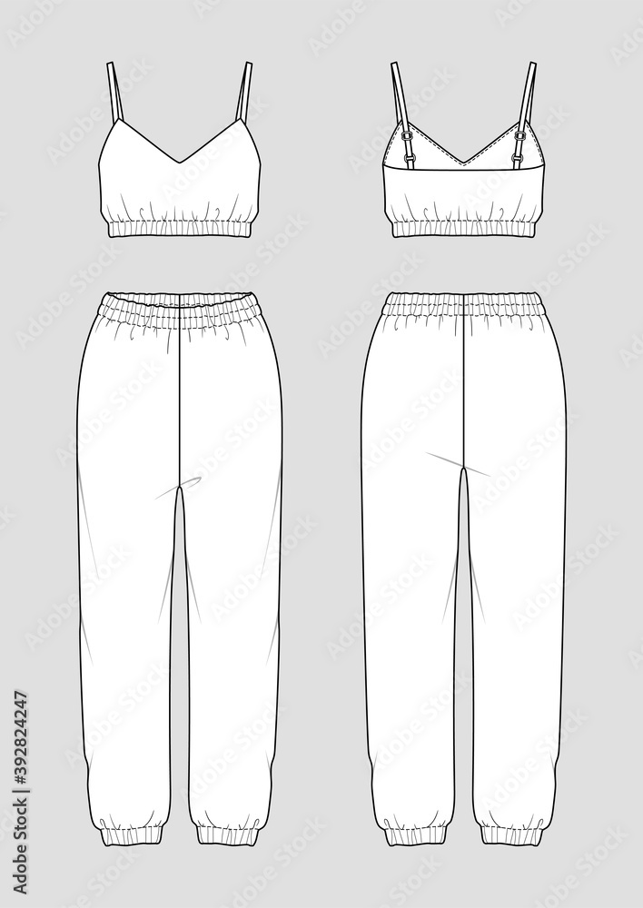 Set of women's homewear. Fashion sketch. Crop top and jogger pants ...