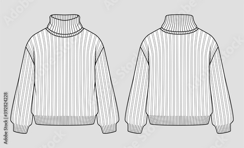 Roll neck women oversized jumper. Vector technical sketch. Mockup template.
