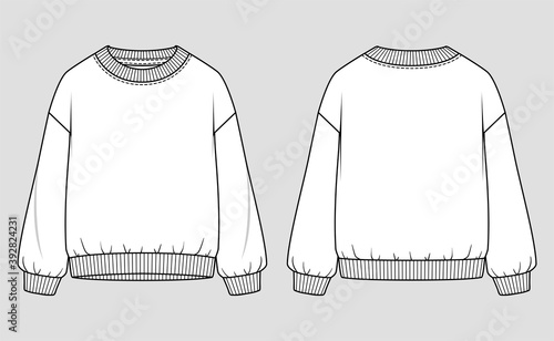 Crew-neck women oversized sweatshirt. Vector technical sketch. Mockup template.