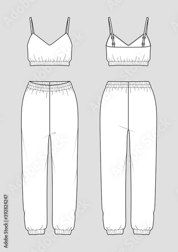 Set of women's homewear. Fashion sketch. Crop top and jogger pants. Vector illustration. Flat technical drawing. Mockup template. photo