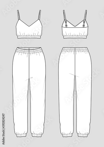 Set of women's homewear. Fashion sketch. Crop top and jogger pants. Vector illustration. Flat technical drawing. Mockup template.