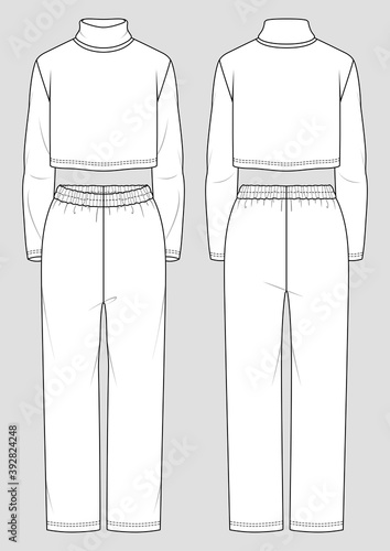 Set of women's homewear. Fashion sketch. Crop turtleneck and straight pants. Vector illustration. Flat technical drawing. Mockup template.