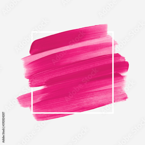 Bright pink logo brush stroke painted acrylic background vector over square frame. Perfect design for any creative ideas.