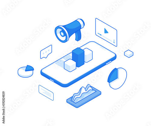 Advertising ad and statistics collection isometric illustration. Infographic fluctuations online video and diagrams entertainment.