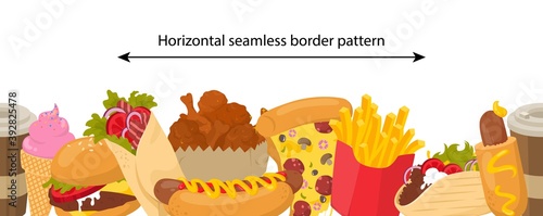 Vector seamless pattern with fast food items. Burger, shawarma, french fries, coffee, hot dog, pizza, chicken legs, popcorn, ice cream cone. Horizontal seamless border pattern.