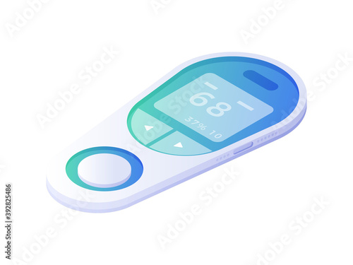 Electronic pacemaker isometric vector. Modern white device with blue screen for emergency cardiac muscle stimulation.