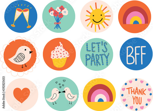 Icon set cute. Hand drawn vector elements on circles. For kids and party decor. Wallpaper screen icons for mobile phones.