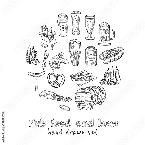 Pub food and beer Menu doodle icons on chalkboard. Vector illustration