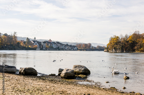 Rheinfelden, Rhein, Rheinufer, Stadt, Altstadt, alte Rheinbrücke, Stadtkirche, St. Martin, Messerturm, Uferweg, Rheinweg, Rheinschifffahrt, Herbst, Aargau, Schweiz  photo