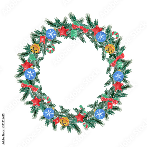 Christmas wreath with decorations , watercolor drawn. Greeting card design. New year element. Vector illustration.