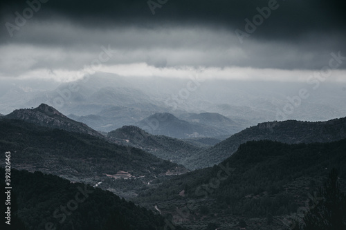 View of cloudy mountain landscape.